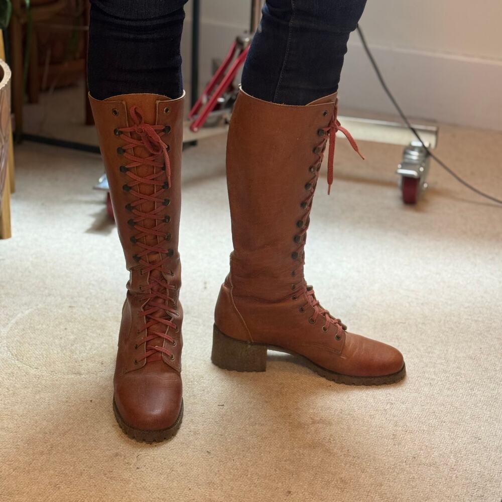 Vtg FRYE 60s 70s Women's 10 B Boots Brown Leather Lace Up Campus Stacked Heel - Picture 2 of 16